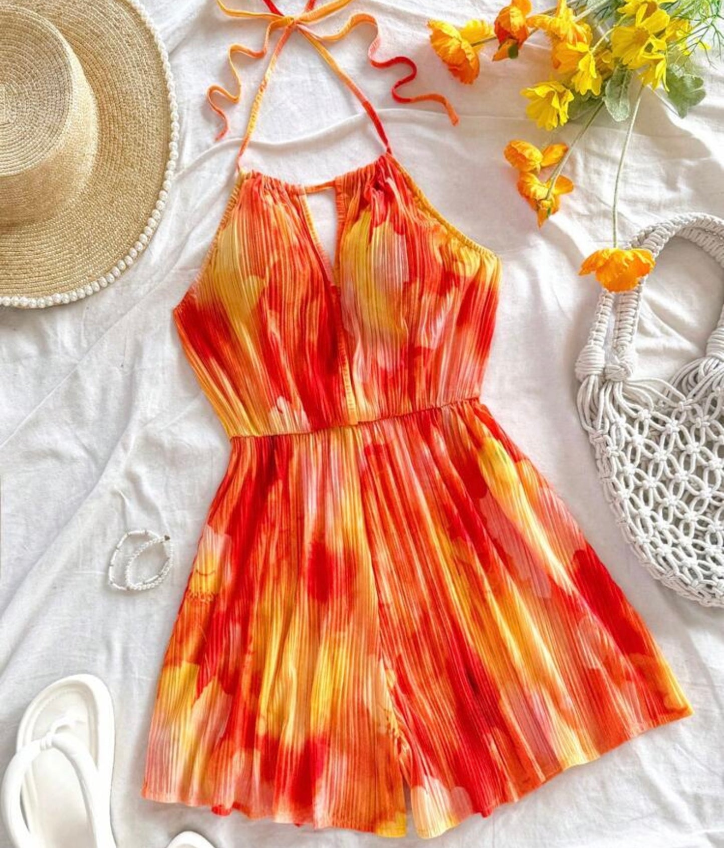 Sunset Drip Pleated Romper